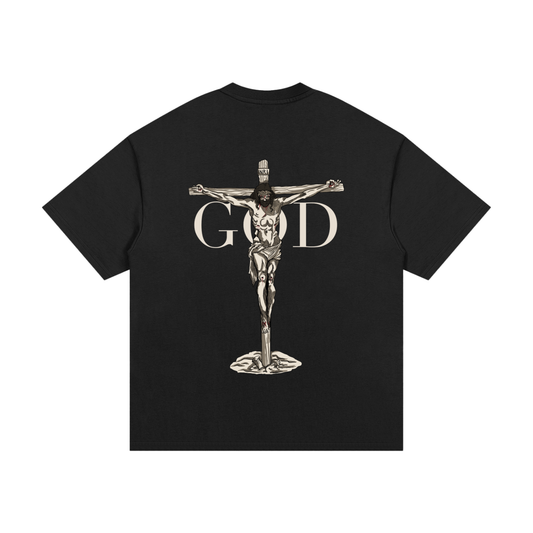 BASH CLLXXN FAITH heavyweight t-shirt featuring original hand drawn Jesus doodle art by teen streetwear founder, intricate comic-style streetwear graphic on white tee