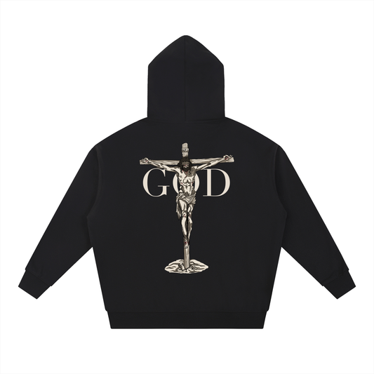 BASH CLLXXN FAITH Heavyweight Hoodie featuring original hand drawn doodle art by teen founder, intricate comic book style streetwear design on premium black fleece hoodie