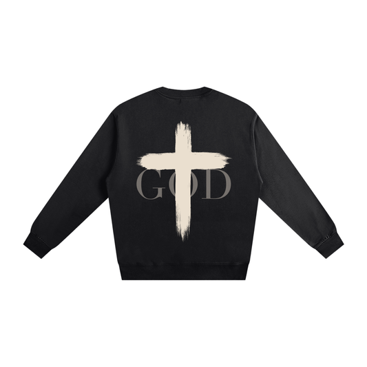 BASH CLLXXN FAITH Cross Heavyweight Sweatshirt featuring original hand drawn doodle art cross design by teenage Detroit founder, printed on 400gsm 100% cotton in an oversized streetwear fit