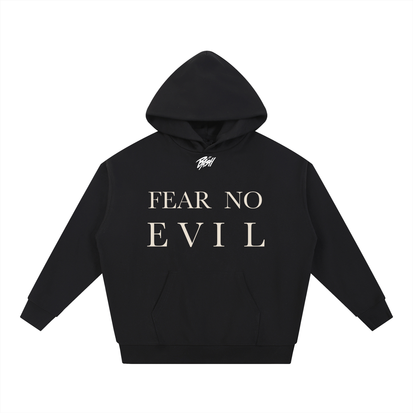 BASH CLLXXN FAITH Heavyweight Hoodie featuring original hand drawn doodle art by teen founder, intricate comic book style streetwear design on premium black fleece hoodie