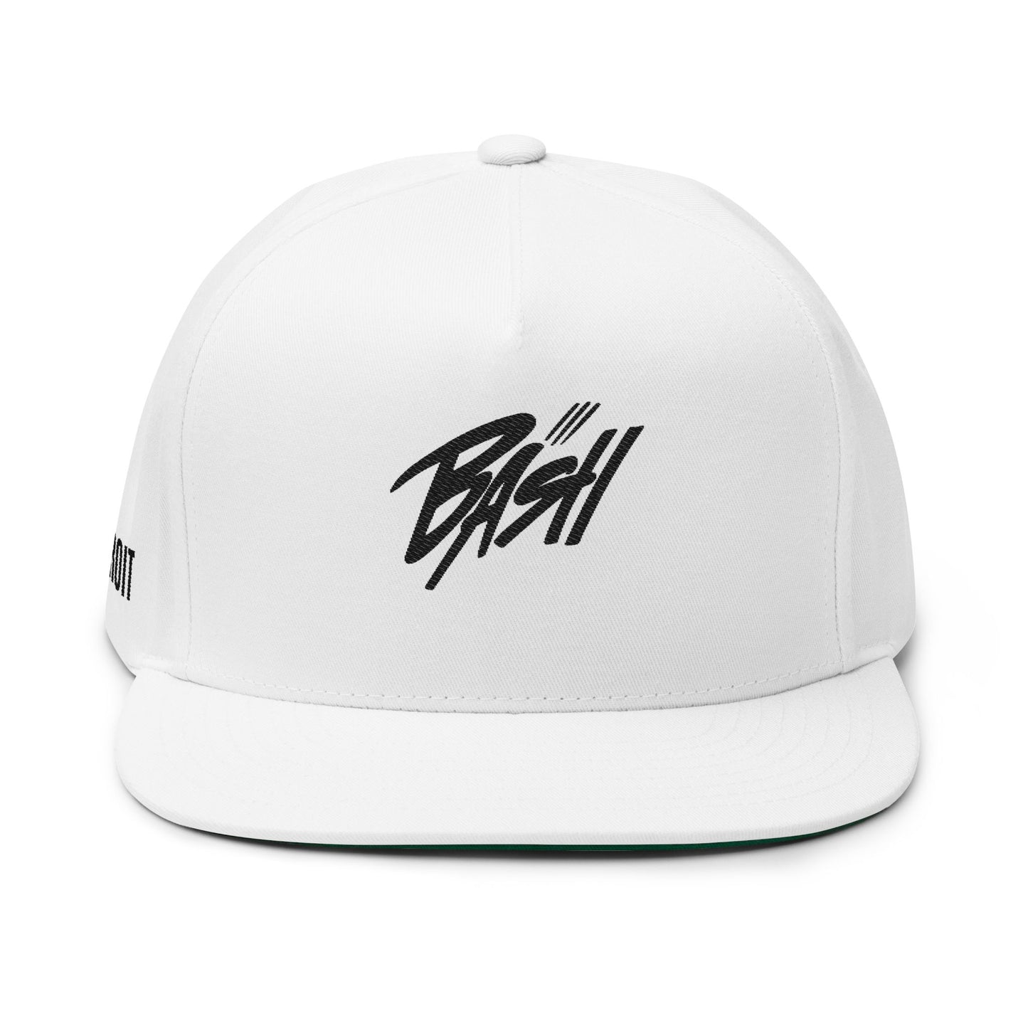 BASH CLLXXN flat bill snapback cap with hand drawn streetwear embroidery on the front panel, green undervisor detail, structured five-panel silhouette, designed by teen streetwear artist from Detroit