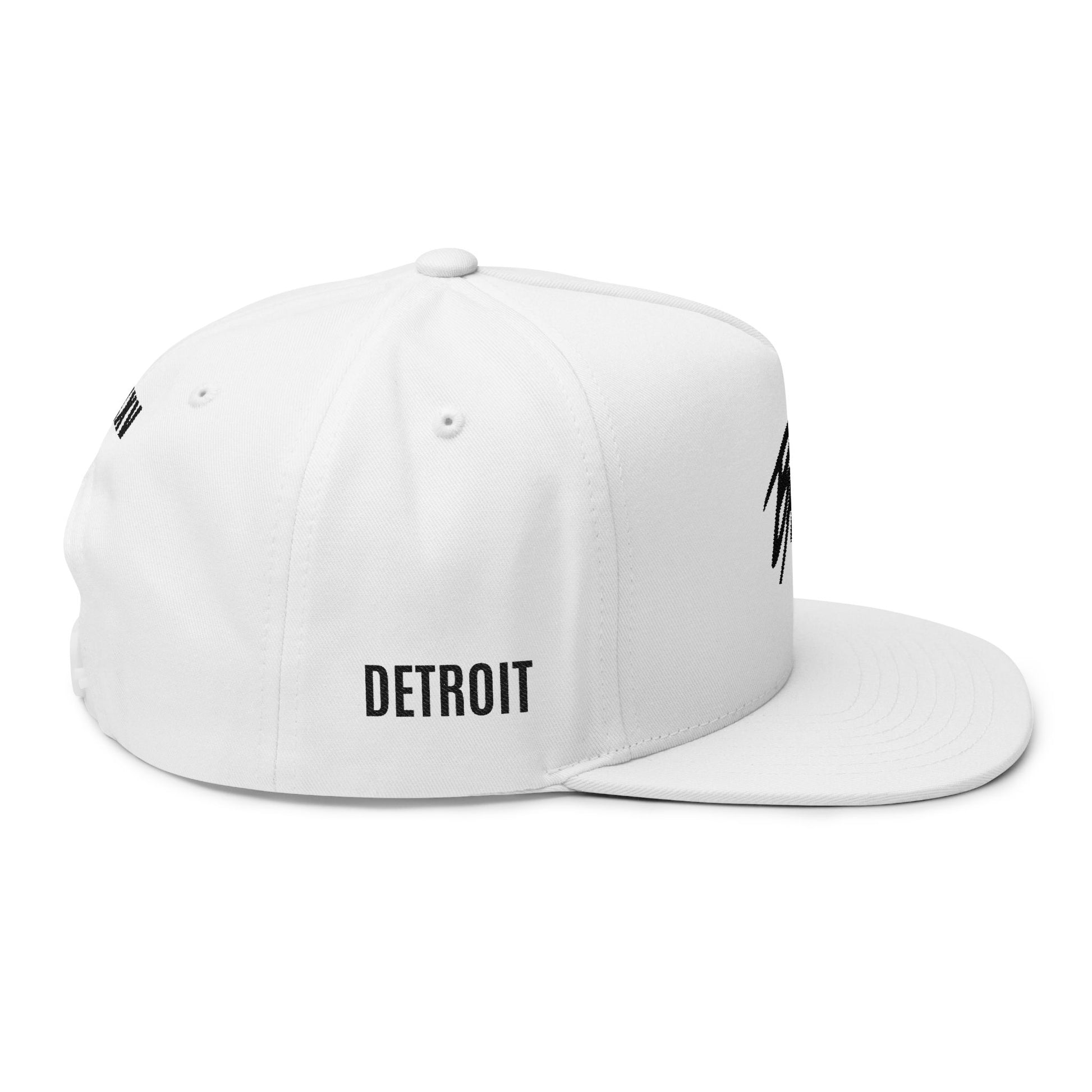 BASH CLLXXN flat bill snapback cap with hand drawn streetwear embroidery on the front panel, green undervisor detail, structured five-panel silhouette, designed by teen streetwear artist from Detroit