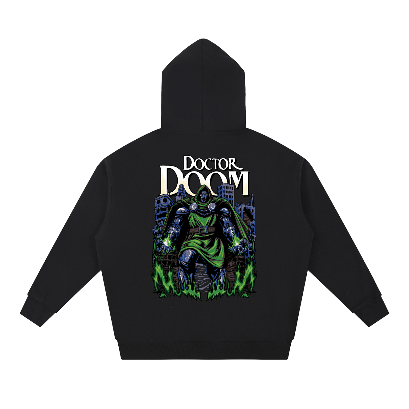 Black heavyweight hoodie with full DOOM back print - BASH CLLXXN Detroit streetwear