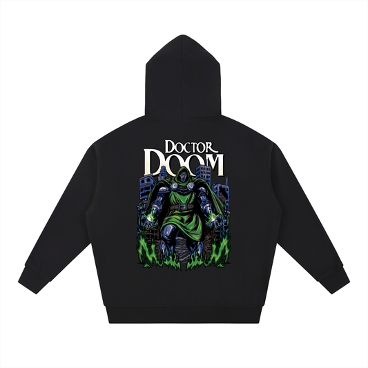 Black heavyweight hoodie with full DOOM back print - BASH CLLXXN Detroit streetwear